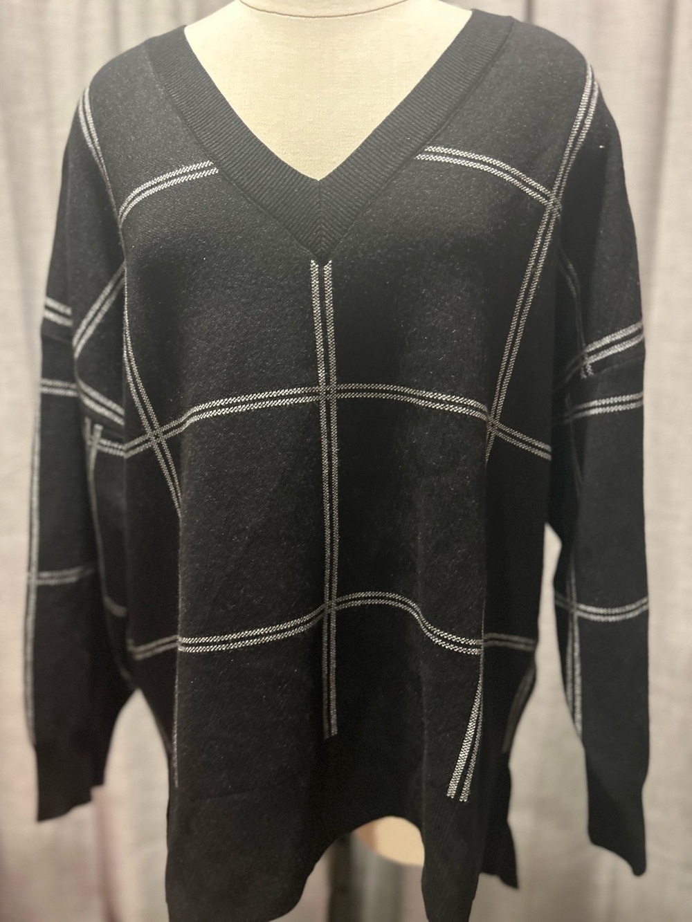 Philosophy Black V-Neck Windowpane Sweater